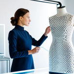 A professional female fashion designer, fully clothed in a modest, sleek business dress, stands in a clean, brightly lit futuristic design studio. She is gently inspecting a 3D printed garment (a dress or top) displayed on a transparent mannequin, observing its intricate, organic lattice patterns and unique textured surface. A modern 3D printer is visible in the background, symbolizing innovation and craftsmanship. Perfect anatomy, correct proportions, natural pose, well-formed hands, proper finger count. Safe for work, appropriate content, professional, family-friendly.