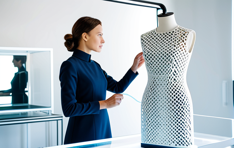 A professional female fashion designer, fully clothed in a modest, sleek business dress, stands in a clean, brightly lit futuristic design studio. She is gently inspecting a 3D printed garment (a dress or top) displayed on a transparent mannequin, observing its intricate, organic lattice patterns and unique textured surface. A modern 3D printer is visible in the background, symbolizing innovation and craftsmanship. Perfect anatomy, correct proportions, natural pose, well-formed hands, proper finger count. Safe for work, appropriate content, professional, family-friendly.