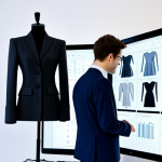 A professional fashion designer, fully clothed in a modest, contemporary business suit, is thoughtfully interacting with a large monitor displaying intricate 3D CAD software for garment creation. The screen shows detailed digital models of flexible, woven-like structures. Beside the designer, a sleek, minimalist mannequin displays a sample of a beautifully draped, bio-based 3D-printed garment, showcasing innovative material properties. The setting is a clean, well-lit modern design studio with a focus on sustainable fashion. Safe for work, appropriate content, fully clothed, perfect anatomy, correct proportions, natural pose, well-formed hands, proper finger count, natural body proportions, professional dress, high quality, family-friendly.