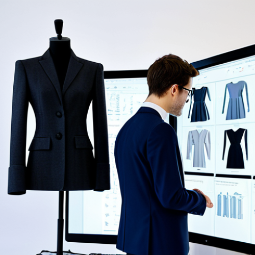 A professional fashion designer, fully clothed in a modest, contemporary business suit, is thoughtfully interacting with a large monitor displaying intricate 3D CAD software for garment creation. The screen shows detailed digital models of flexible, woven-like structures. Beside the designer, a sleek, minimalist mannequin displays a sample of a beautifully draped, bio-based 3D-printed garment, showcasing innovative material properties. The setting is a clean, well-lit modern design studio with a focus on sustainable fashion. Safe for work, appropriate content, fully clothed, perfect anatomy, correct proportions, natural pose, well-formed hands, proper finger count, natural body proportions, professional dress, high quality, family-friendly.