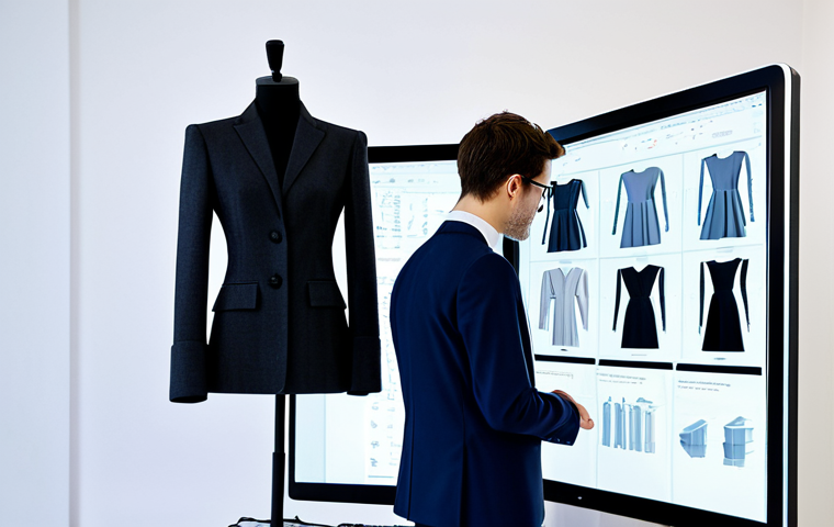 A professional fashion designer, fully clothed in a modest, contemporary business suit, is thoughtfully interacting with a large monitor displaying intricate 3D CAD software for garment creation. The screen shows detailed digital models of flexible, woven-like structures. Beside the designer, a sleek, minimalist mannequin displays a sample of a beautifully draped, bio-based 3D-printed garment, showcasing innovative material properties. The setting is a clean, well-lit modern design studio with a focus on sustainable fashion. Safe for work, appropriate content, fully clothed, perfect anatomy, correct proportions, natural pose, well-formed hands, proper finger count, natural body proportions, professional dress, high quality, family-friendly.