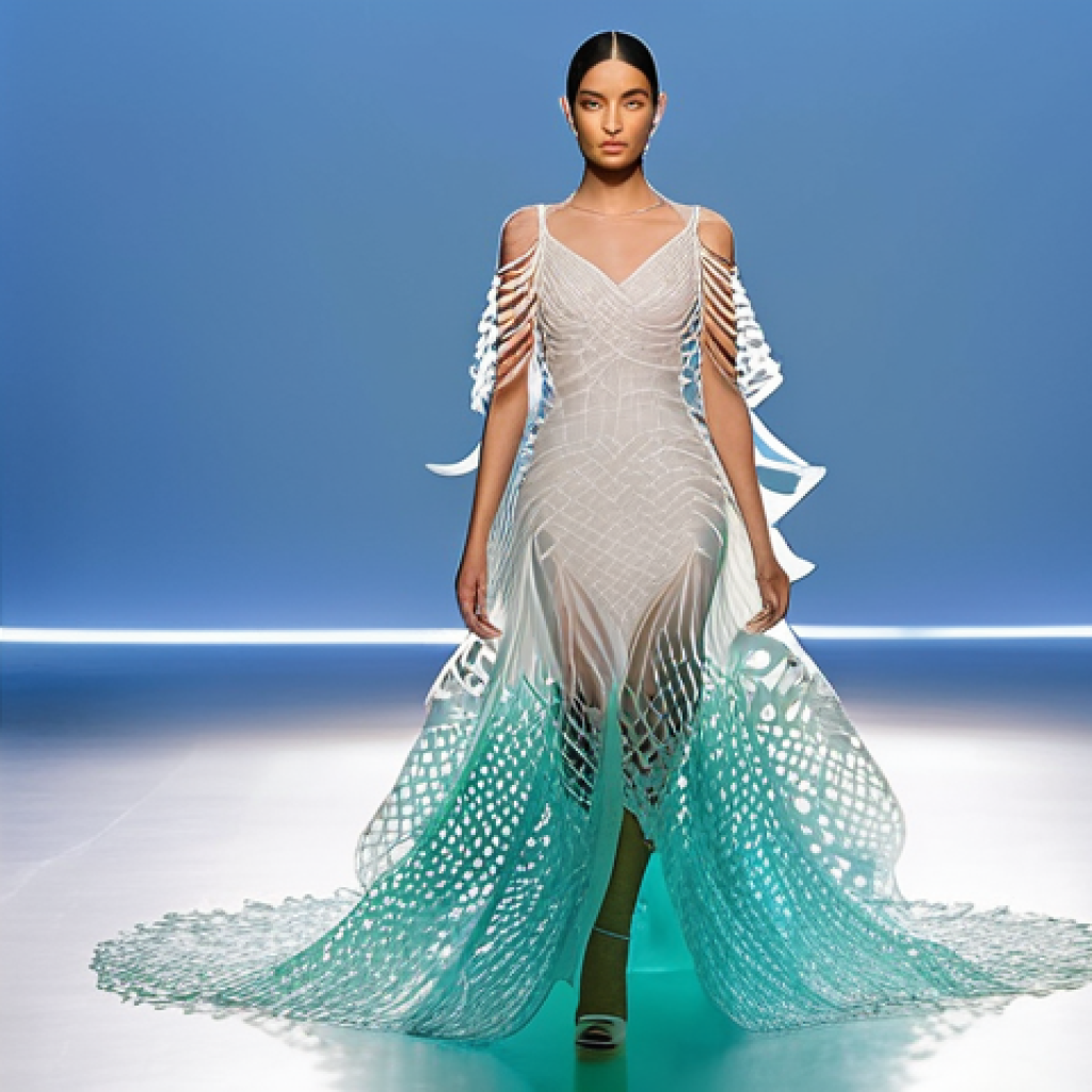 3D 프린팅 기술을 활용한 패션 연구 - **"Wearable Bioplastic Sculpture: Ethereal Forest Gown"**
    A full-body shot of a female model, mi...