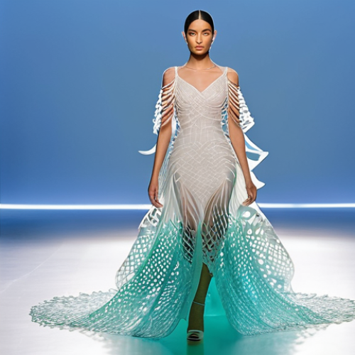3D 프린팅 기술을 활용한 패션 연구 - **"Wearable Bioplastic Sculpture: Ethereal Forest Gown"**
    A full-body shot of a female model, mi...