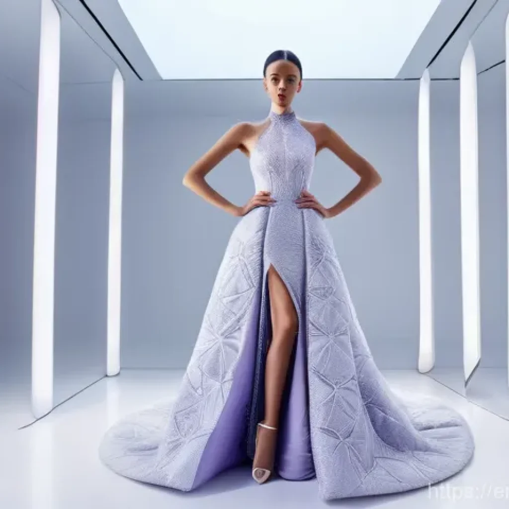 3D 프린팅 패션의 사용자 경험 - The "Chrysalis Aura" Gown**

A full-length, high-fashion photograph of a confident female model in h...