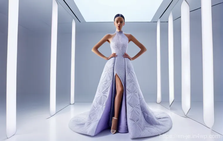 3D 프린팅 패션의 사용자 경험 - The "Chrysalis Aura" Gown**

A full-length, high-fashion photograph of a confident female model in h...