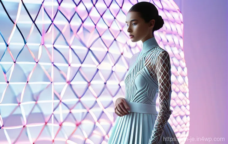 D 프린팅 패션 아이템의 유통 경로 분석 - The Digital Weaver: Intricate Geometries & Flowing Form**

*   **Prompt:** A diverse female model, e...