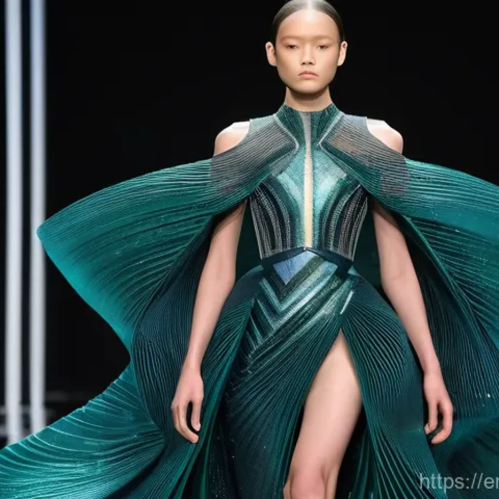 D 프린팅 패션의 브랜드 사례 연구 - **Prompt 1: Iris van Herpen's Architectural Haute Couture**
    "A female model, captured mid-stride...