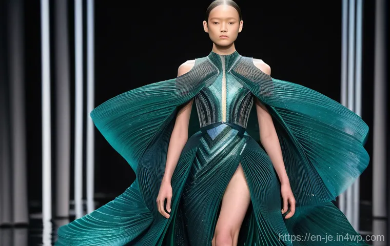 D 프린팅 패션의 브랜드 사례 연구 - **Prompt 1: Iris van Herpen's Architectural Haute Couture**
    "A female model, captured mid-stride...