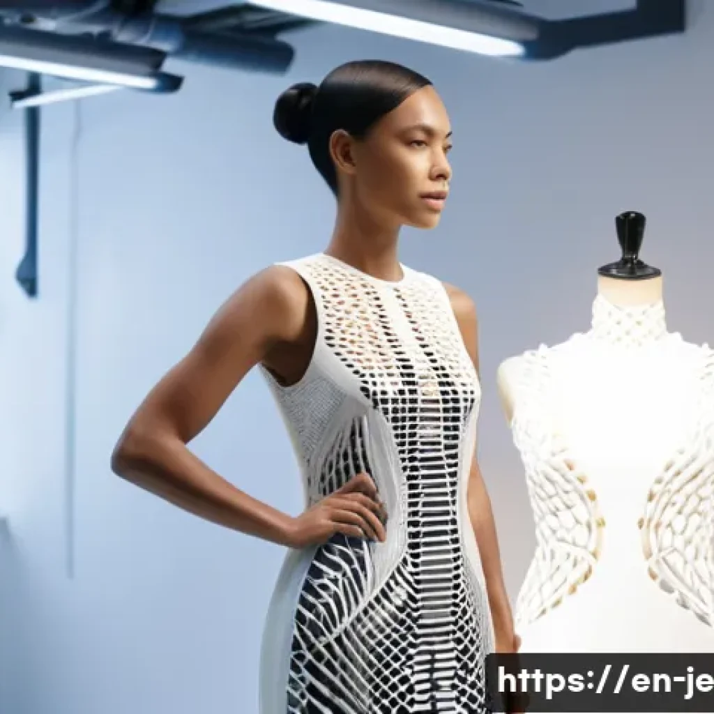 D 프린팅 패션의 생산성 향상 방안 - **Prompt:** A fashion designer, mid-30s, with a stylish, modern haircut, stands in a brightly lit, m...