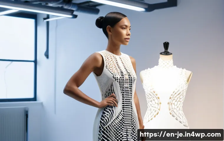 D 프린팅 패션의 생산성 향상 방안 - **Prompt:** A fashion designer, mid-30s, with a stylish, modern haircut, stands in a brightly lit, m...