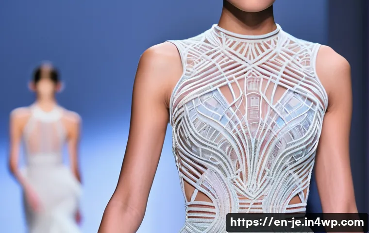 3D 프린팅 패션의 프리미엄 시장 - **Prompt:** A futuristic haute couture gown, meticulously 3D printed with a delicate, flowing filigr...