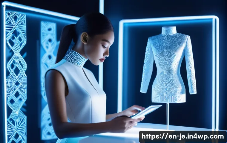 D 프린팅 패션의 법적 문제 - A futuristic fashion designer’s studio showcasing 3D printed garments displayed on mannequins, each ...