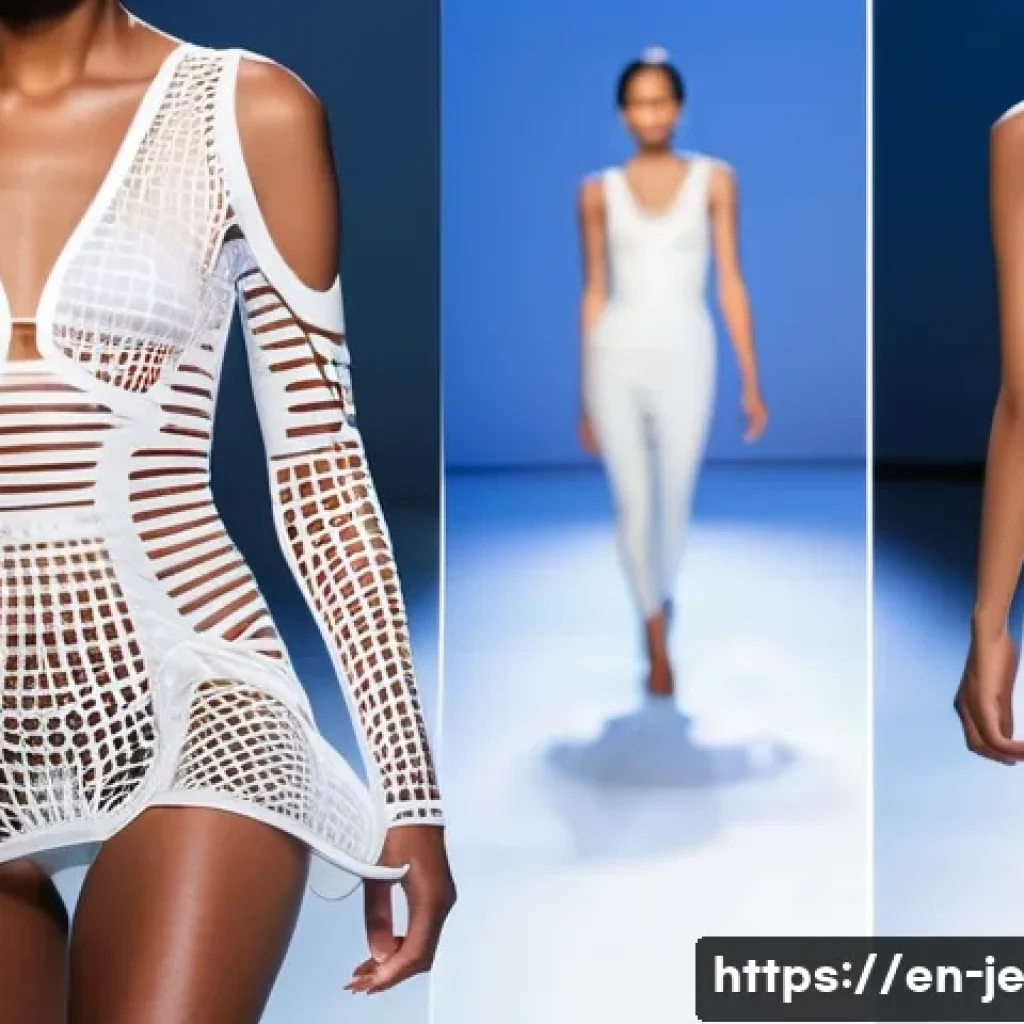 3D 프린팅 기술의 발전과 패션 산업 - A futuristic fashion runway scene showcasing models wearing avant-garde 3D printed garments with com...