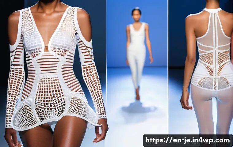 3D 프린팅 기술의 발전과 패션 산업 - A futuristic fashion runway scene showcasing models wearing avant-garde 3D printed garments with com...