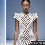 Home 19 D 프린팅 아트와 패션의 융합 - A futuristic fashion runway scene featuring a model wearing an intricately designed 3D-printed dress...