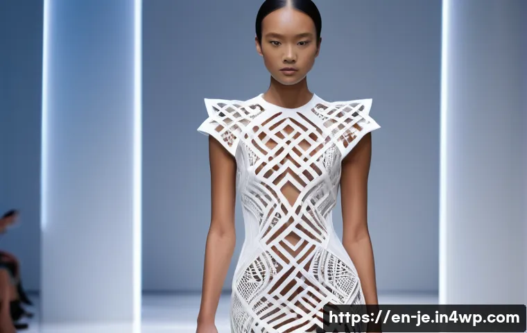 D 프린팅 아트와 패션의 융합 - A futuristic fashion runway scene featuring a model wearing an intricately designed 3D-printed dress...