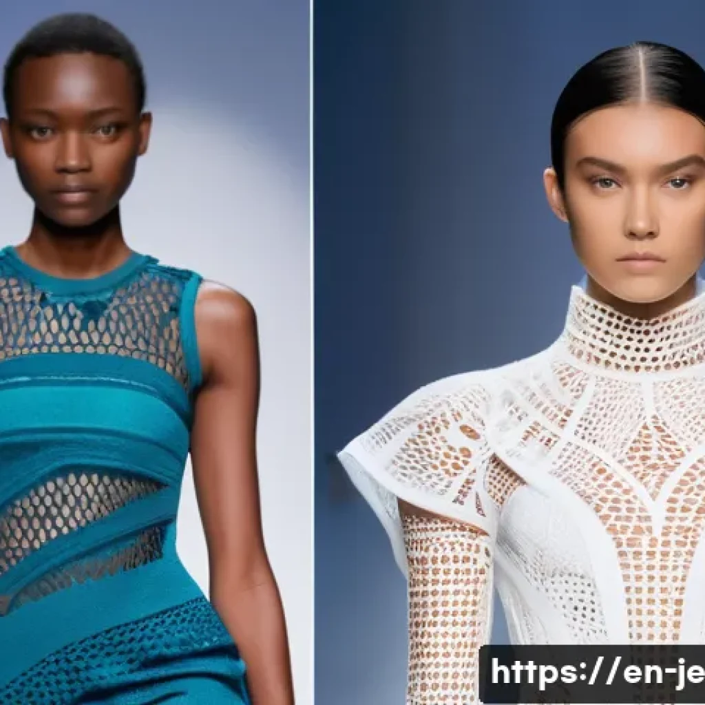 D 프린팅 기술이 바꿔놓은 패션 산업 - A futuristic fashion runway scene featuring models wearing intricate 3D-printed dresses combining fl...