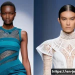 Home 18 D 프린팅 기술이 바꿔놓은 패션 산업 - A futuristic fashion runway scene featuring models wearing intricate 3D-printed dresses combining fl...