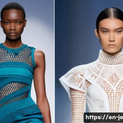 Home 30 D 프린팅 기술이 바꿔놓은 패션 산업 - A futuristic fashion runway scene featuring models wearing intricate 3D-printed dresses combining fl...