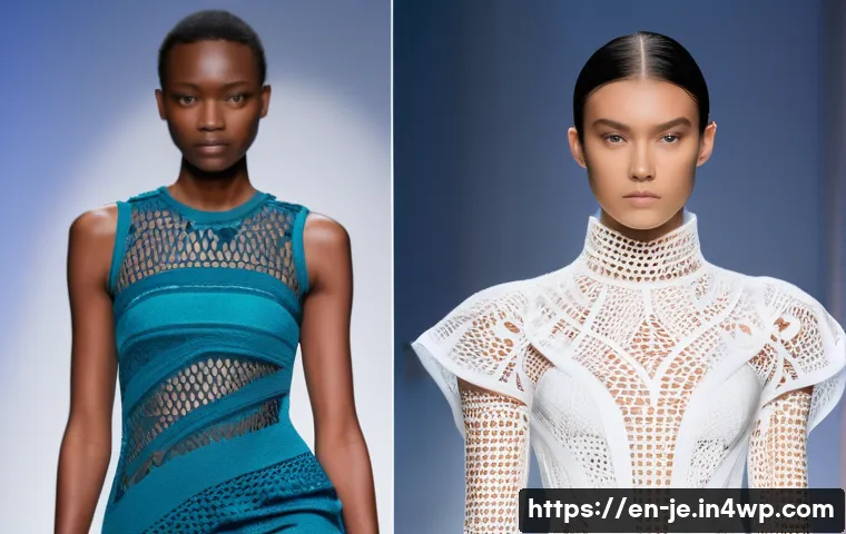 D 프린팅 기술이 바꿔놓은 패션 산업 - A futuristic fashion runway scene featuring models wearing intricate 3D-printed dresses combining fl...