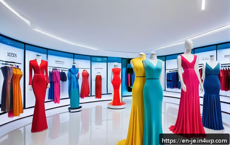 D 프린팅 패션의 소비자 반응 조사 - A futuristic fashion boutique interior showcasing mannequins dressed in intricately detailed 3D prin...