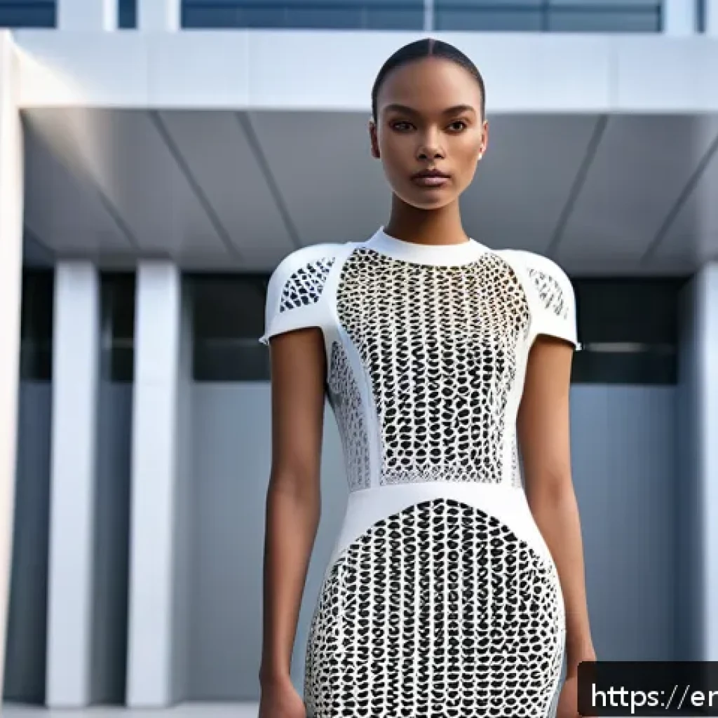 3D 프린팅 패션의 품질 보증 방법 - A futuristic fashion photoshoot featuring a model wearing a 3D printed dress made from flexible TPU ...