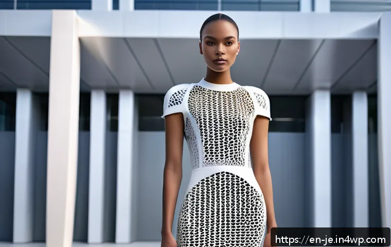 3D 프린팅 패션의 품질 보증 방법 - A futuristic fashion photoshoot featuring a model wearing a 3D printed dress made from flexible TPU ...